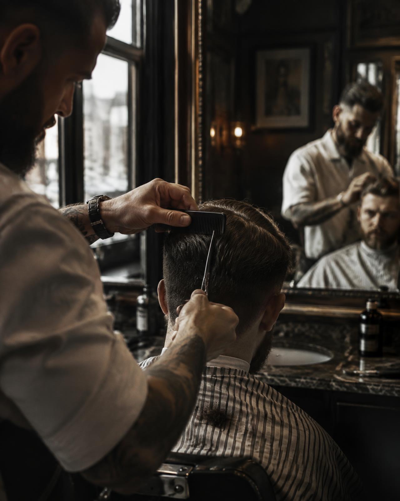 A barber shaping a haircut with comb and scissors in front of a mirror