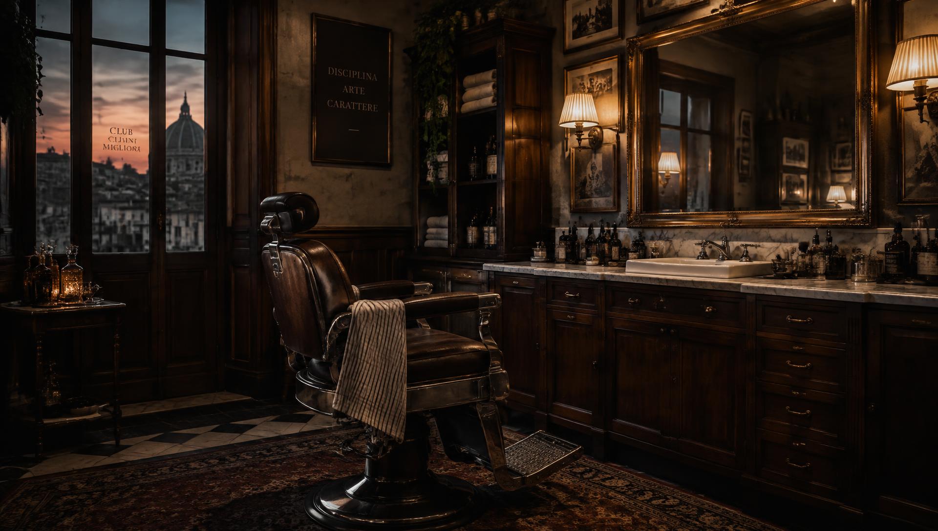 An empty barber chair beneath warm lamplight